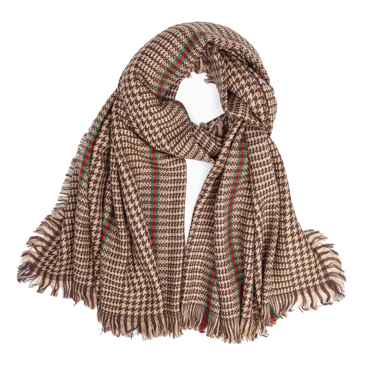 上海故事 英伦复古千鸟格秋冬加厚保暖大披肩 绵羊毛 绒线围巾 女款 咖色