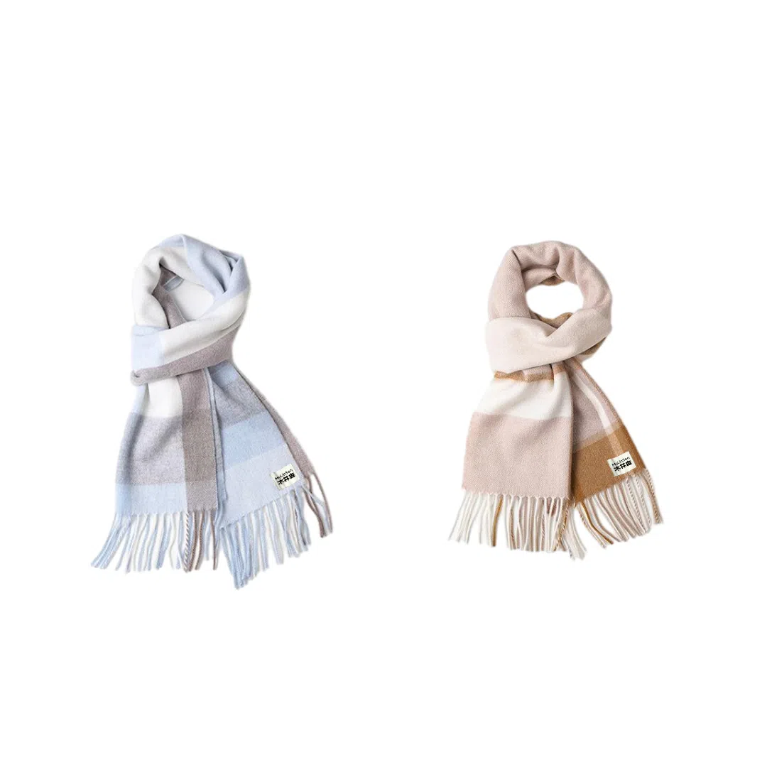 木林森 纯羊毛格子小清新流苏绒线围巾秋冬加厚保暖  围巾 男女同款情侣款