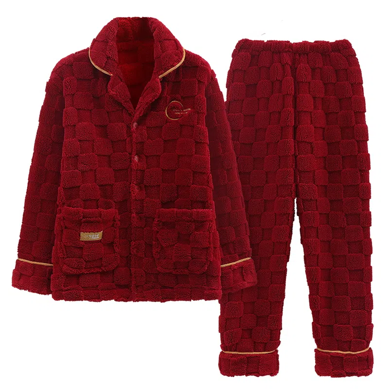 莫代尔 保暖亲肤舒适蓄热透气简约时尚家居服长袖长裤可外穿不臃肿开衫睡衣套装 男女同款 红色