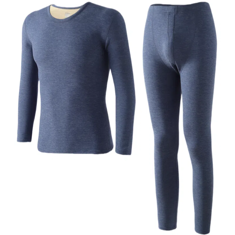 兰缪 秋冬绵羊毛蚕丝长款圆领内衣防冻羽毛绒秋衣秋裤柔软贴身锁温蓄暖舒适透气基础打底保暖套装 男款