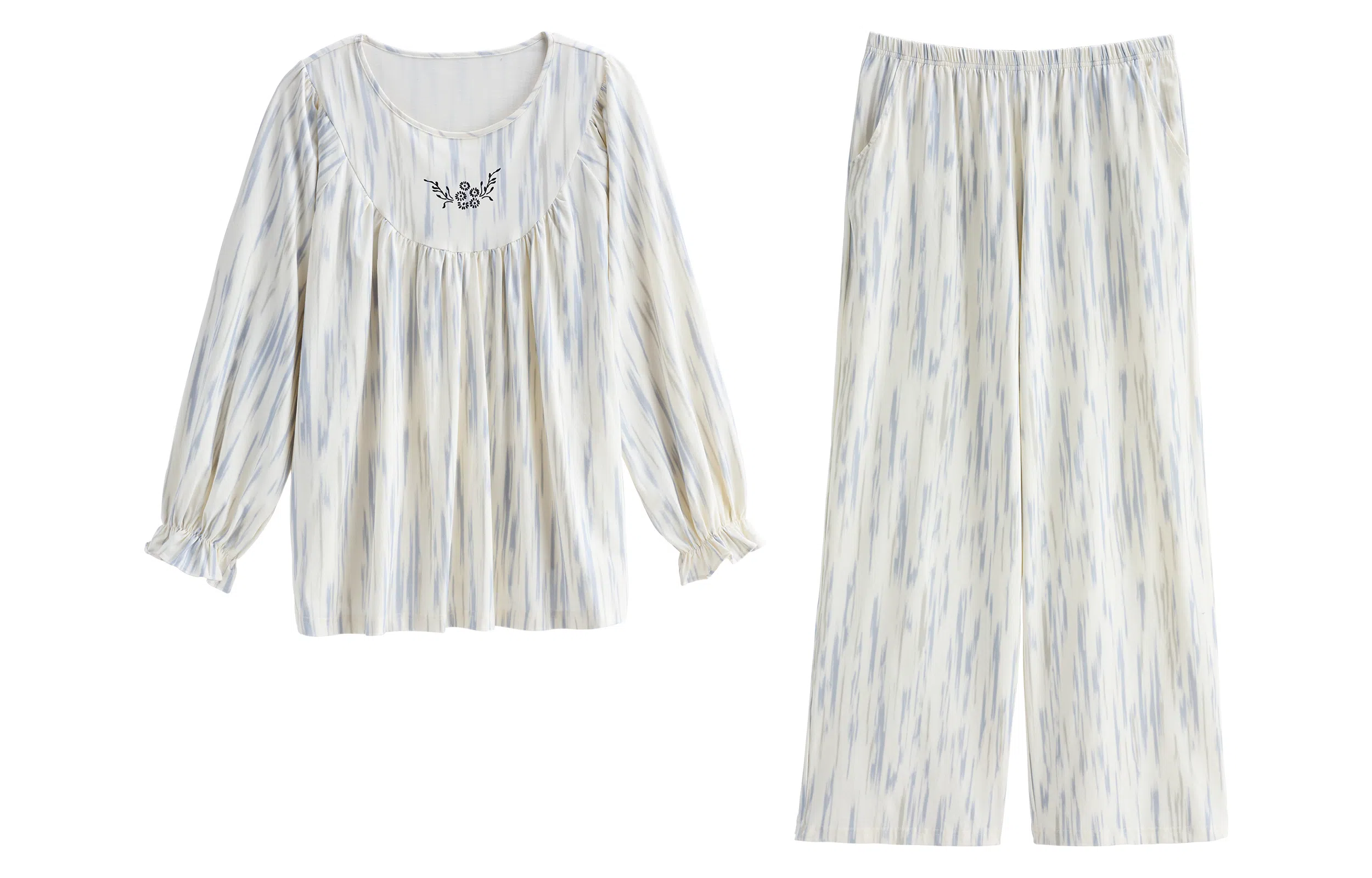 歌倩雅 简约休闲柔软长袖甜美可外穿长裤家居服睡衣套装 女款 图色