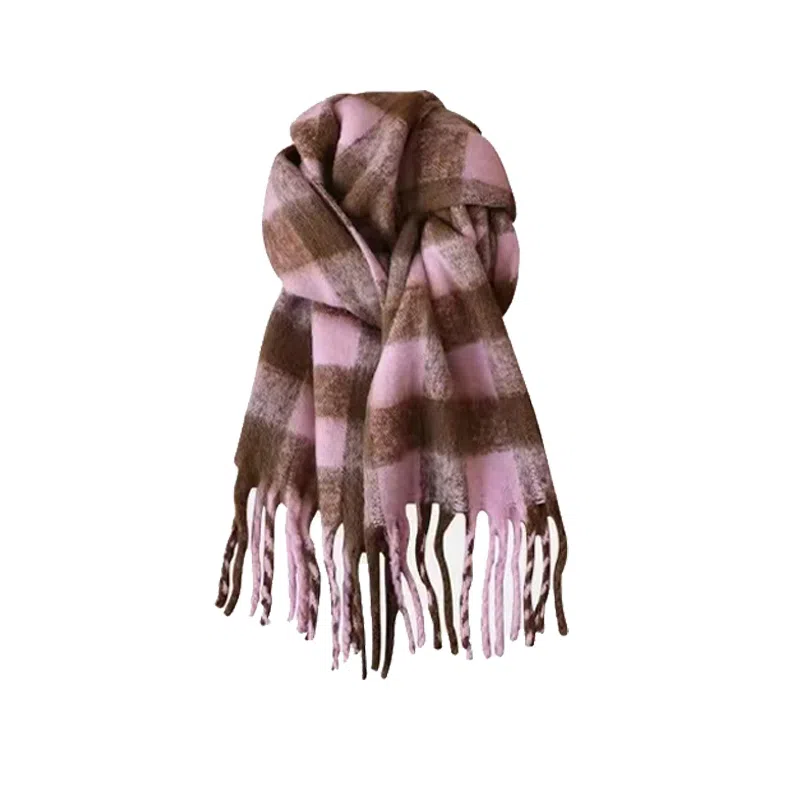 北极绒 高级感黑白格子长款韩版秋冬季学生加厚保暖马海毛 绒线围巾 男女同款情侣款