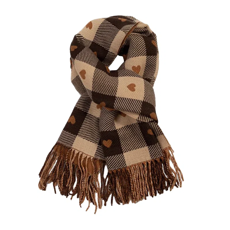 北极绒 秋冬季新款高级感爱心披肩保暖高端针织格子围脖 绒线围巾 男女同款情侣款