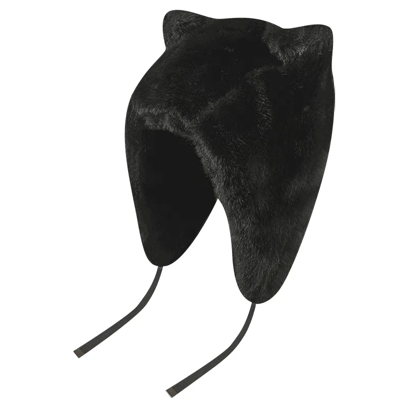 浪莎 冬季可爱毛绒狐狸耳朵雷锋帽女保暖防寒加绒护耳纯色系带套头帽潮 聚酯纤维 帽子 女款