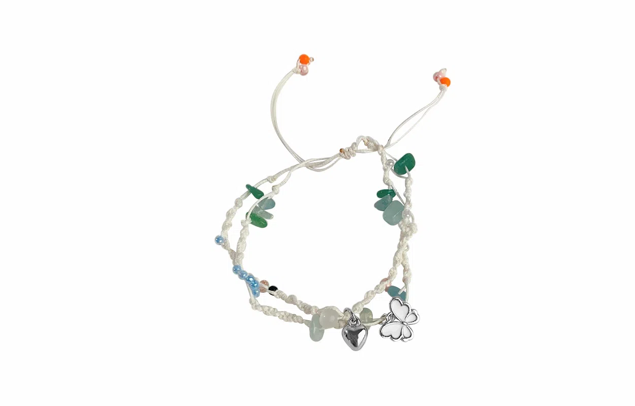 牧言 森系气质简约小众设计高级感 光面立体蝶梦心形多色碎石双层编织绳手饰 合金 蝴蝶爱心手链 女款