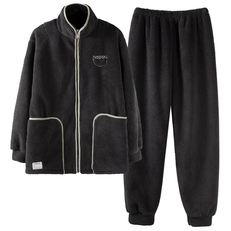 俏霓桐 简约休闲卡西米绒蓄温保暖长袖拉链可外穿睡衣套装 男款 黑灰色