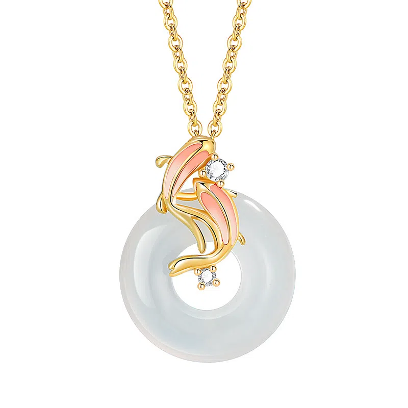 重庆金店 鸿运锦鲤平安扣项链 新中式国潮风简约轻奢雅韵显白高级感福牌转运上岸首饰礼品物 玉髓 手链 女款