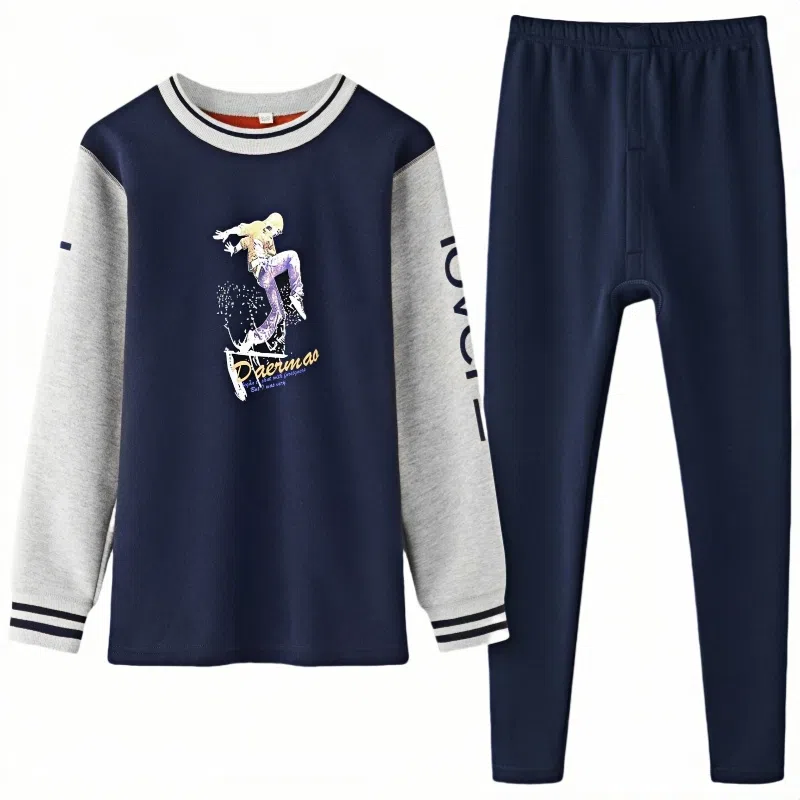 兰缪 青少年加绒加厚内搭个性涂鸦圆领套头抗寒蓄热锁温不易褪色防刮耐磨不起球舒适透气打底可外穿保暖套装 男款