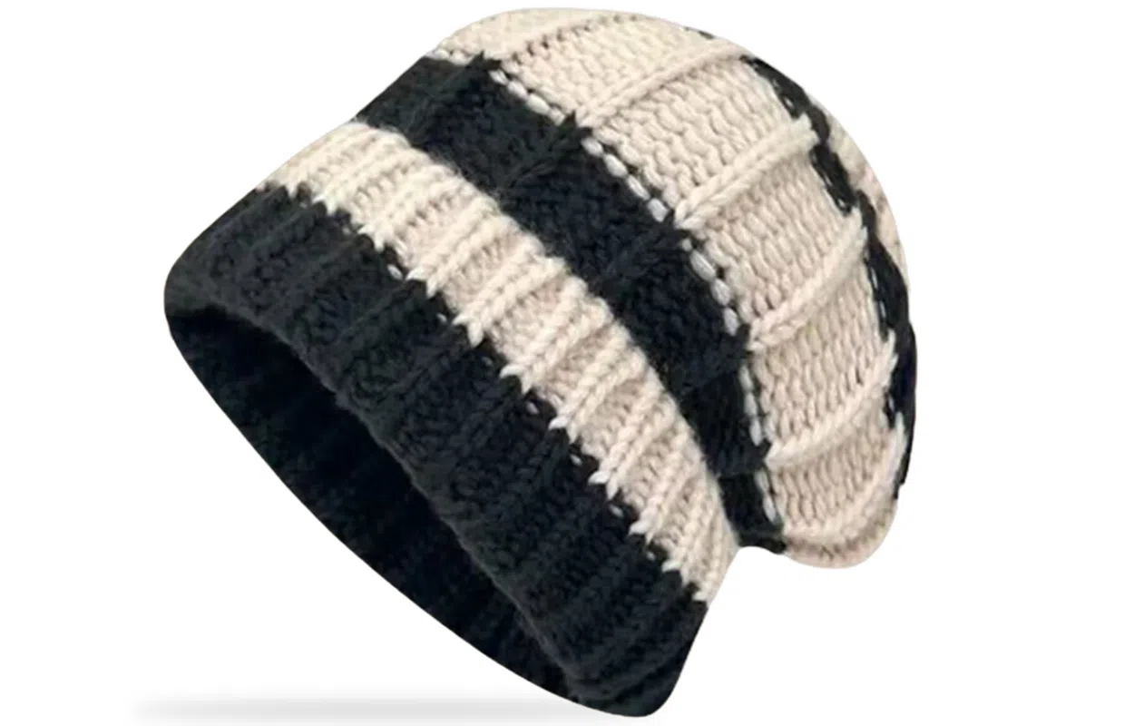 优幽兰 时尚百搭高级感秋冬季加厚保暖针织帽小众设计感撞色条纹堆堆帽显脸小大头围包头帽街头潮流穿搭 腈纶 绒线帽 男女同款情侣款