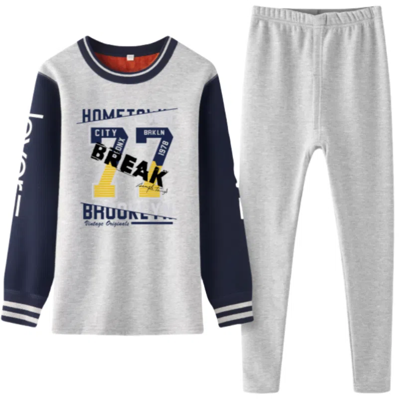 兰缪 青少年加绒加厚内搭个性涂鸦圆领套头抗寒蓄热锁温不易褪色防刮耐磨不起球透气舒适可外穿保暖套装 男款