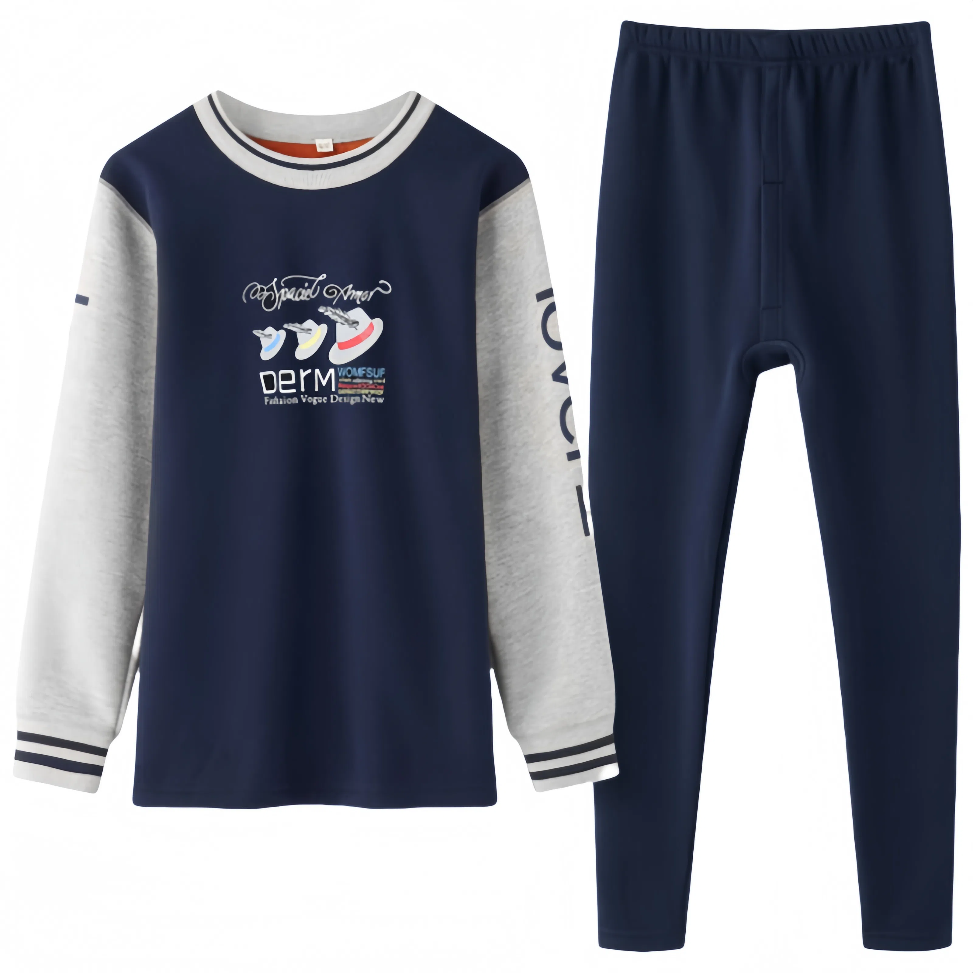 兰缪 青少年加绒加厚内搭个性涂鸦圆领套头抗寒蓄热锁温不易褪色防刮耐磨不起球舒适透气打底可外穿保暖套装 男款