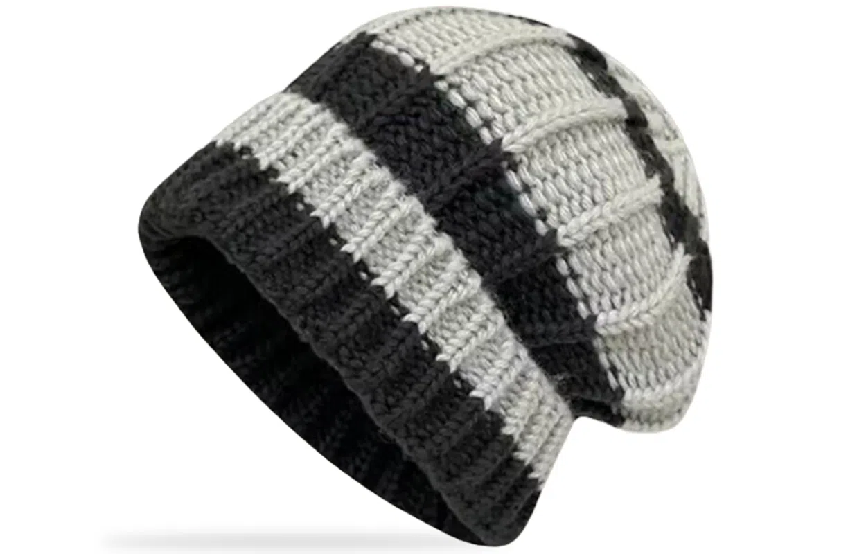 优幽兰 时尚百搭高级感秋冬季加厚保暖针织帽小众设计感撞色条纹堆堆帽显脸小大头围包头帽街头潮流穿搭 腈纶 绒线帽 男女同款情侣款