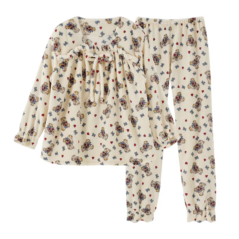 莫代尔 韩版卡通亲肤舒适保暖蓄热储温时尚甜美长袖长裤睡衣套装 女款 杏色