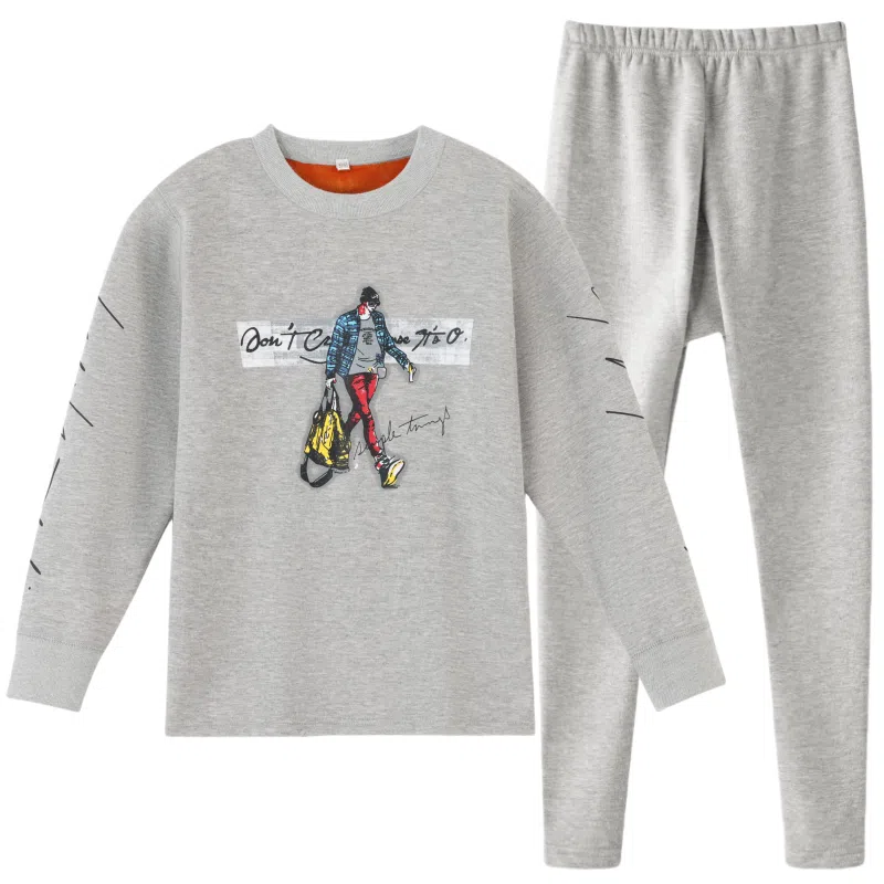 兰缪 青少年加绒加厚内搭个性涂鸦圆领套头抗寒蓄热锁温不易褪色防刮耐磨不起球透气舒适可外穿保暖套装 男款