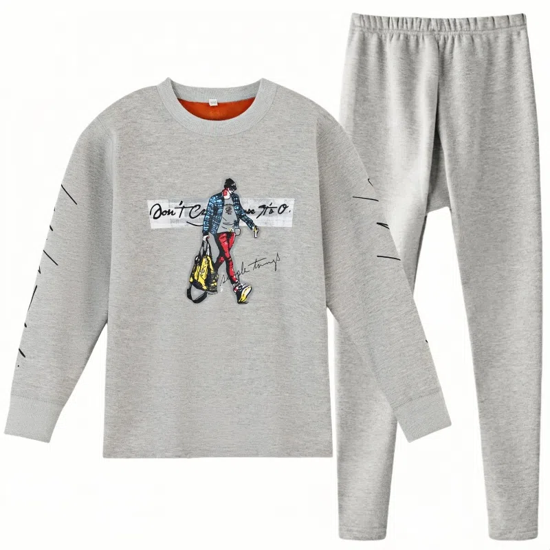 兰缪 青少年加绒加厚内搭个性涂鸦圆领套头抗寒蓄热锁温不易褪色防刮耐磨不起球舒适透气打底可外穿保暖套装 男款