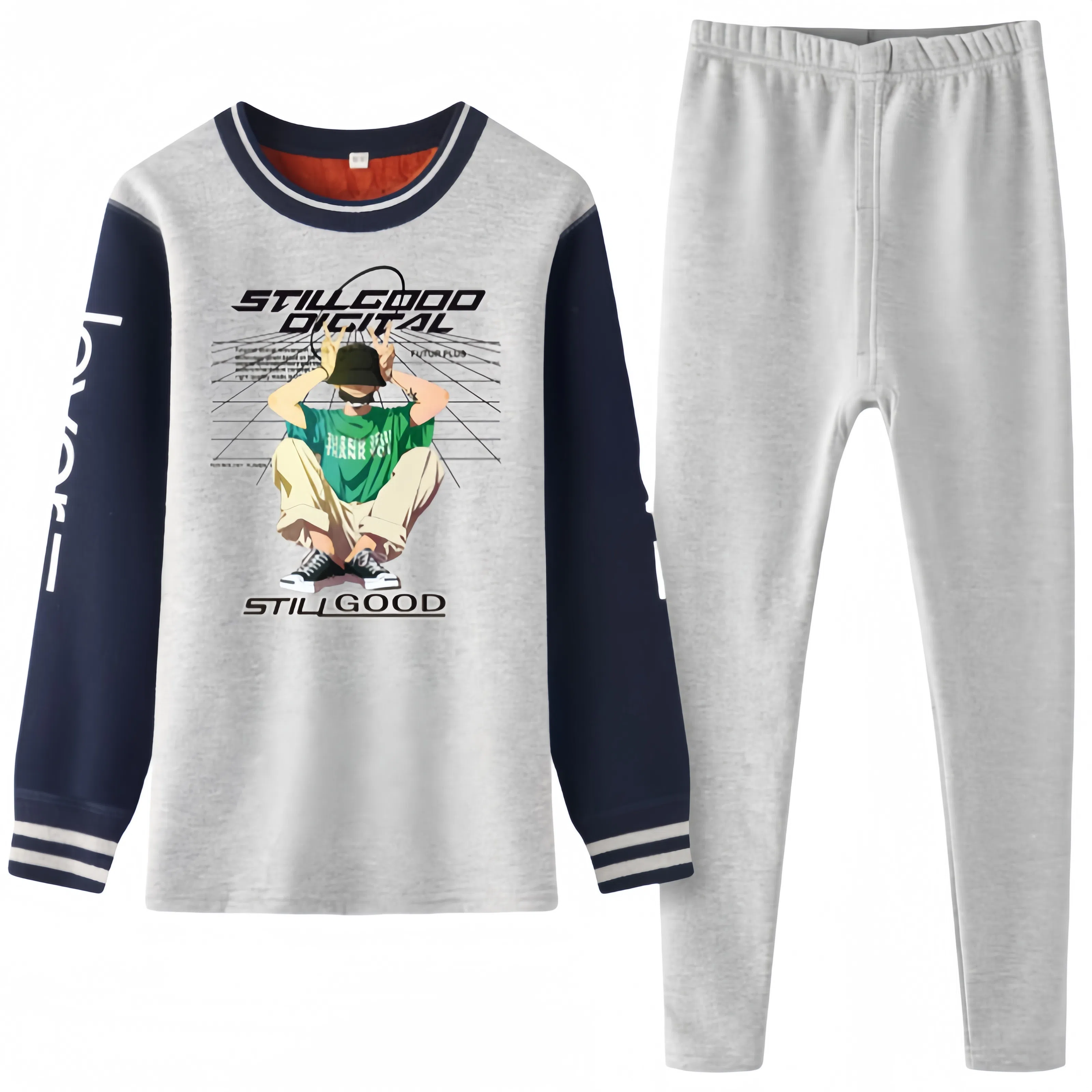 兰缪 青少年加绒加厚内搭个性涂鸦圆领套头抗寒蓄热锁温不易褪色防刮耐磨不起球舒适透气打底可外穿保暖套装 男款