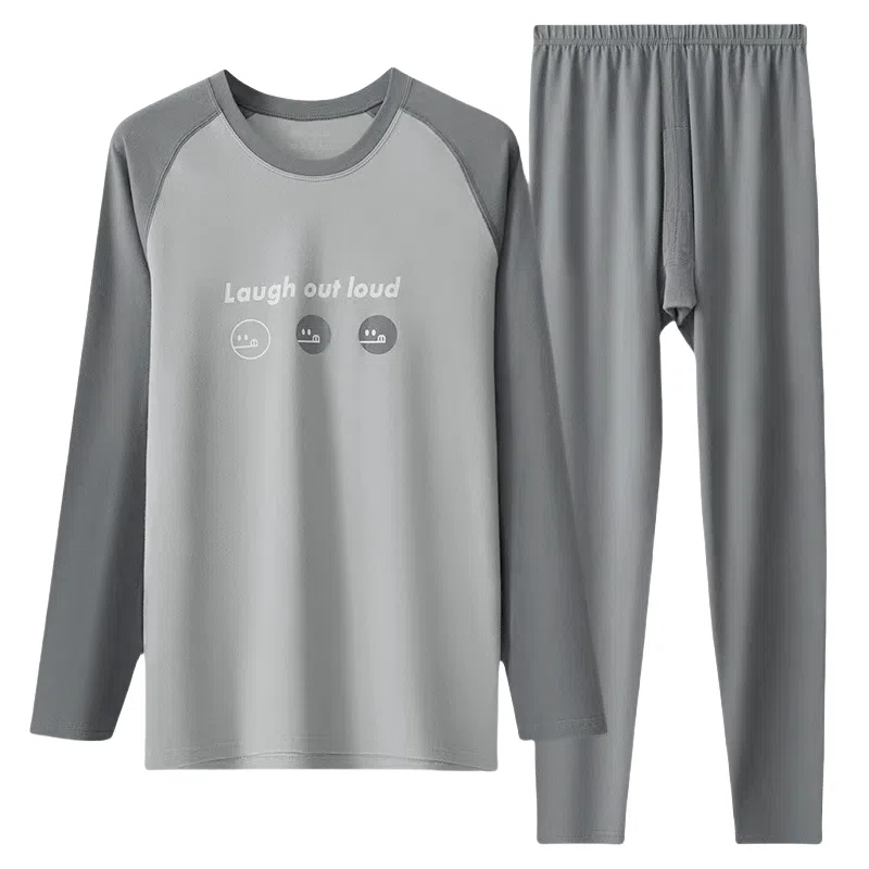 兰缪 插肩圆领套头舒适亲肤柔软长袖上衣抑菌透气打底可外穿长裤保暖套装 男款