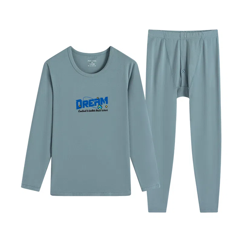 贴身领域 男士抑菌纯棉印花青少年秋衣秋裤纯色居家睡衣初高中学生圆领长袖长裤薄内衣保暖套装 男款
