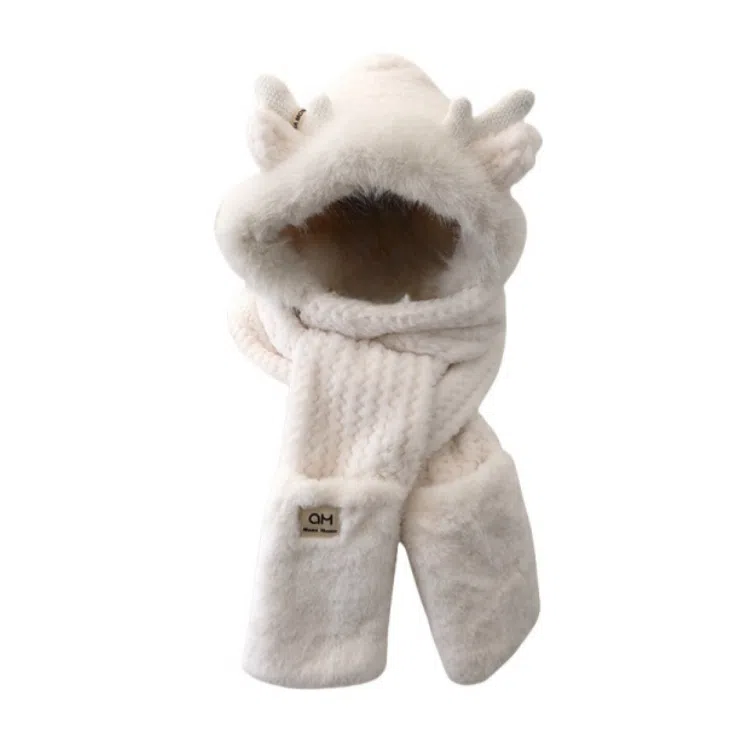 钓鱼熊 【秋冬必备】可爱冬天小鹿角毛茸茸保暖护耳三件套双层加厚围巾手套一 体 聚酯纤维 斗篷帽 男女同款情侣款