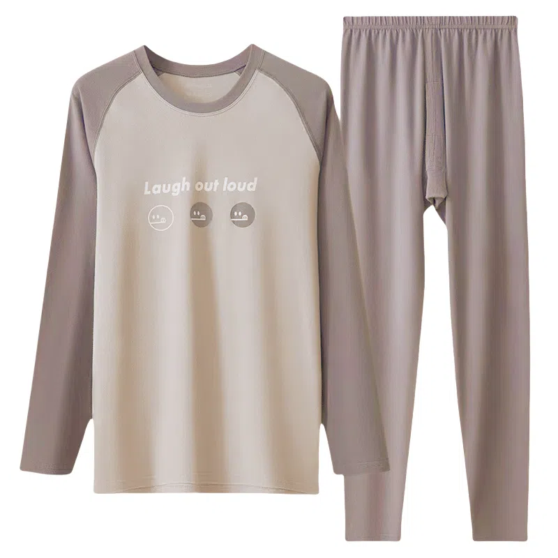 兰缪 插肩圆领套头舒适亲肤柔软长袖上衣抑菌透气打底可外穿长裤保暖套装 男款