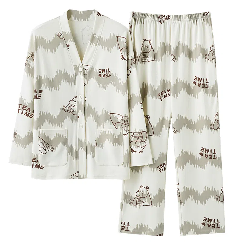 莫代尔 柔软舒适透气耐磨不易起球长袖上衣居家可外穿长裤睡衣套装 女款 浅绿色