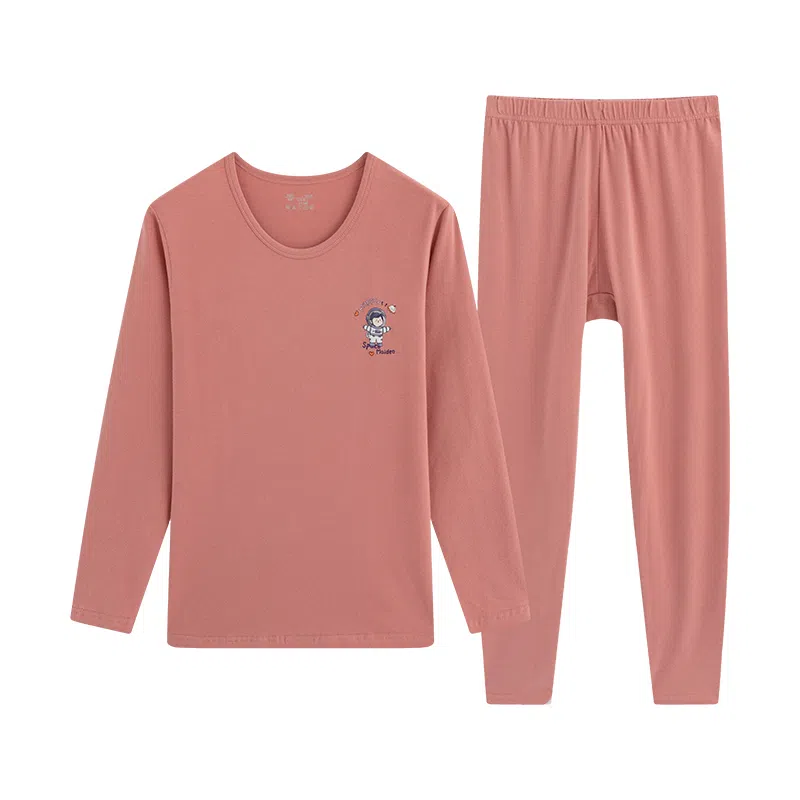 贴身领域 纯棉女士圆领套头长袖上衣松紧腰修身长裤薄款秋衣秋裤内衣打底棉毛衫少女保暖套装 女款