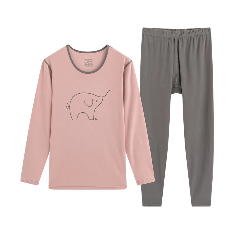 贴身领域 圆领套头长袖上衣松紧腰撞领秋衣秋裤内衣打底棉毛衫少女保暖套装 女款