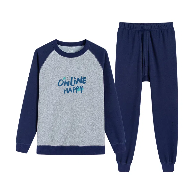 贴身领域 青少年内衣男士加厚加绒拼接插肩袖秋衣秋裤打底全棉毛衫保暖套装 男款