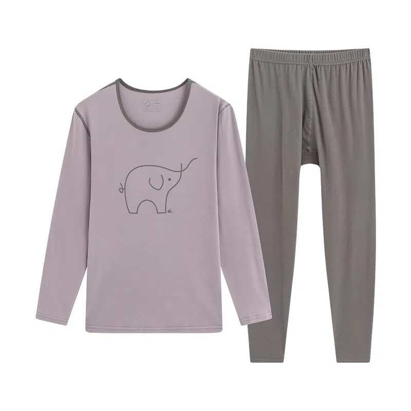 贴身领域 圆领套头长袖上衣松紧腰撞领秋衣秋裤内衣打底棉毛衫少女保暖套装 女款