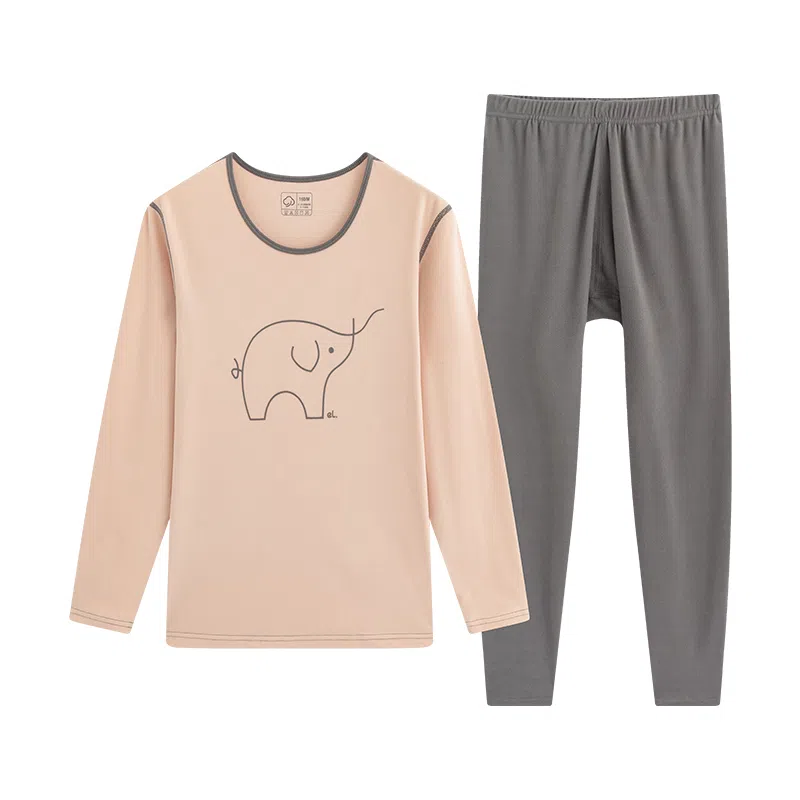 贴身领域 圆领套头长袖上衣松紧腰撞领秋衣秋裤内衣打底棉毛衫少女保暖套装 女款