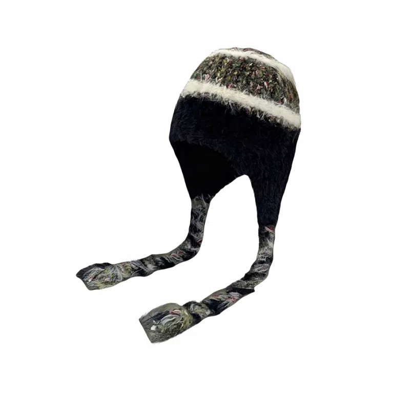 北极绒 彩色系带保暖条纹拼色护耳包头显脸小 聚酯纤维 绒线帽 男女同款情侣款