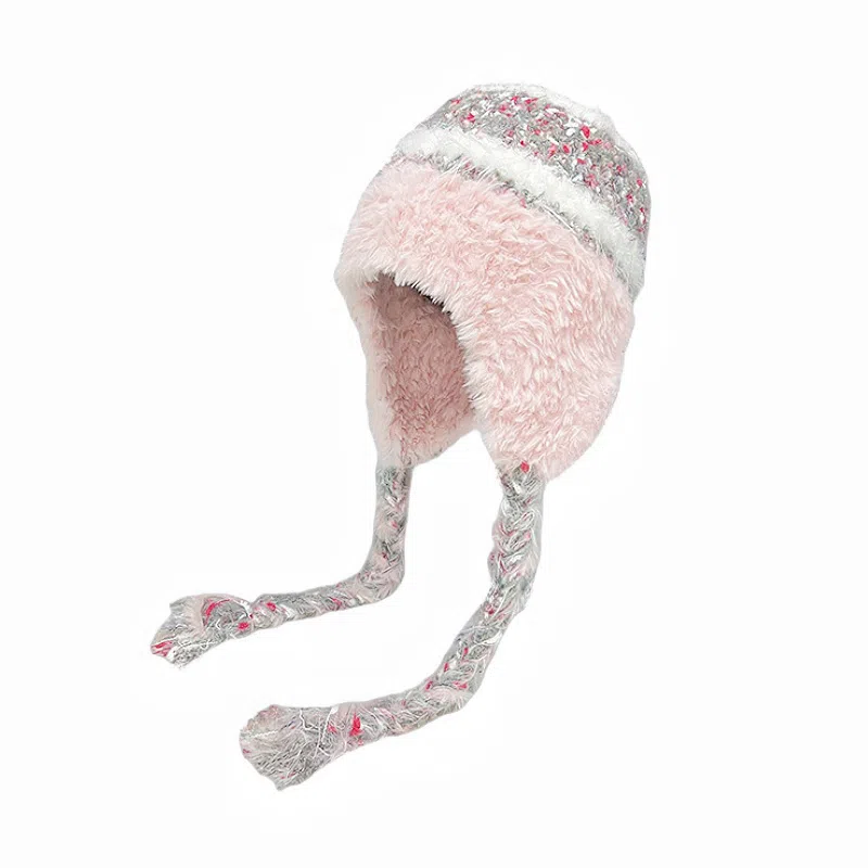 北极绒 彩色系带保暖条纹拼色护耳包头显脸小 聚酯纤维 绒线帽 男女同款情侣款