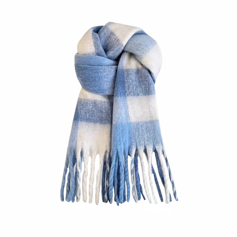 北极绒 高级感拼色马海毛秋冬保暖加厚百搭格子流苏冬季围脖披肩潮 绒线围巾 男女同款情侣款