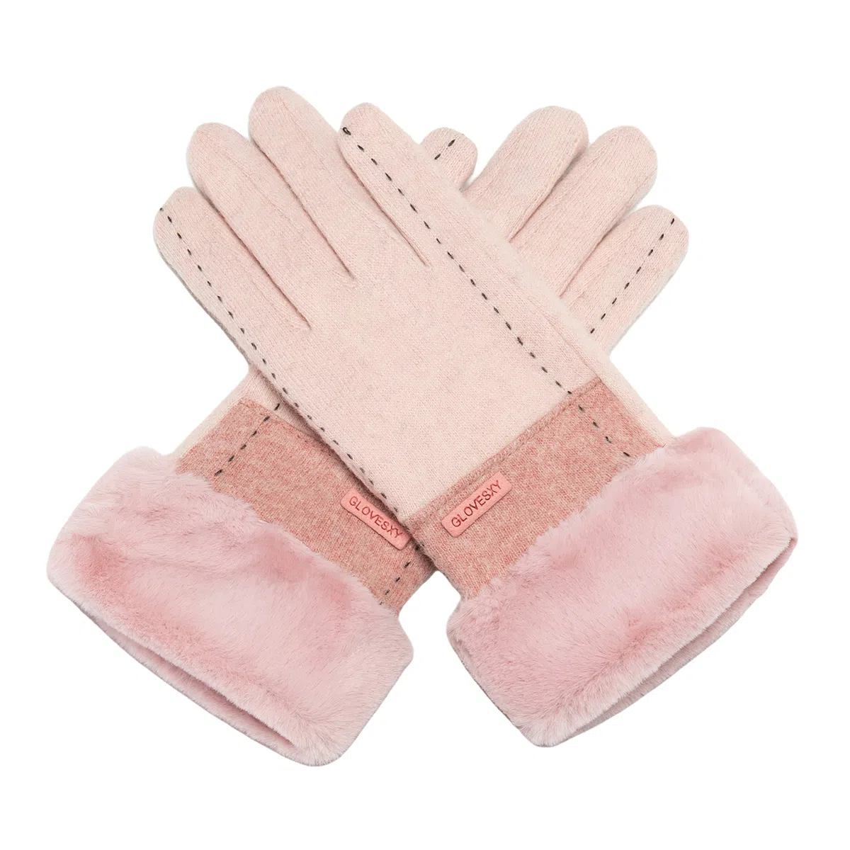 上海故事 百搭拼色加绒毛口户外出百搭骑行防寒 绵羊毛 绒线手套 女款