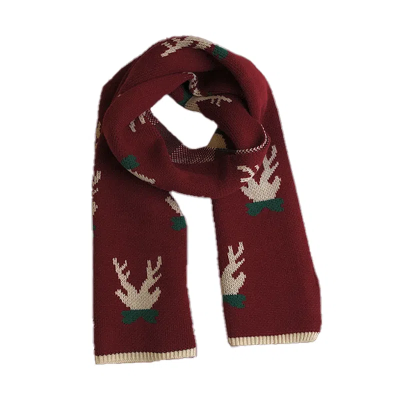 北极绒 新年圣诞小鹿鹿角冬季日系百搭可爱麋鹿红色学生加厚保暖针织围脖 绒线围巾 男女同款情侣款