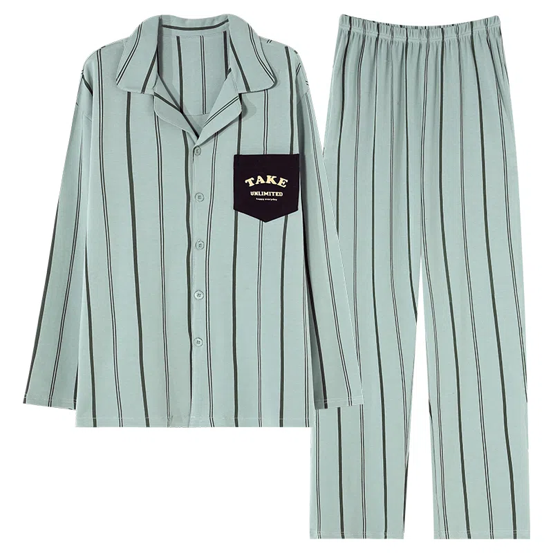 莫代尔 条纹翻领长袖长裤可爱睡衣套装 男款 图片色