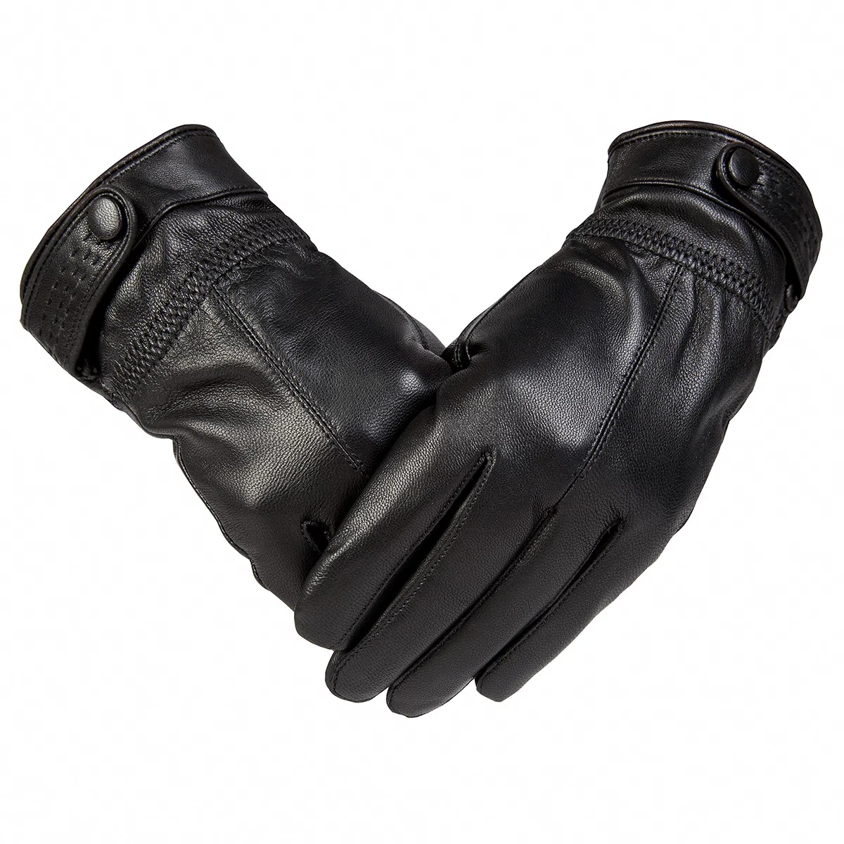 上海故事 时尚加绒加厚外出骑车防风防寒出行防水保暖 羊皮革 绒线手套 男款 黑色