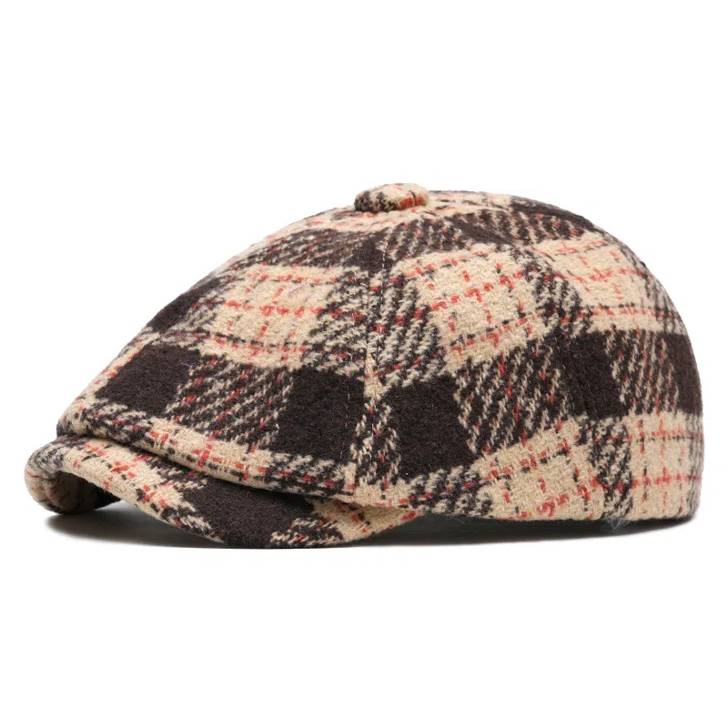 山一丸 复古格纹前保暖报童毛呢时尚 羊毛混纺 贝雷帽 男女同款情侣款