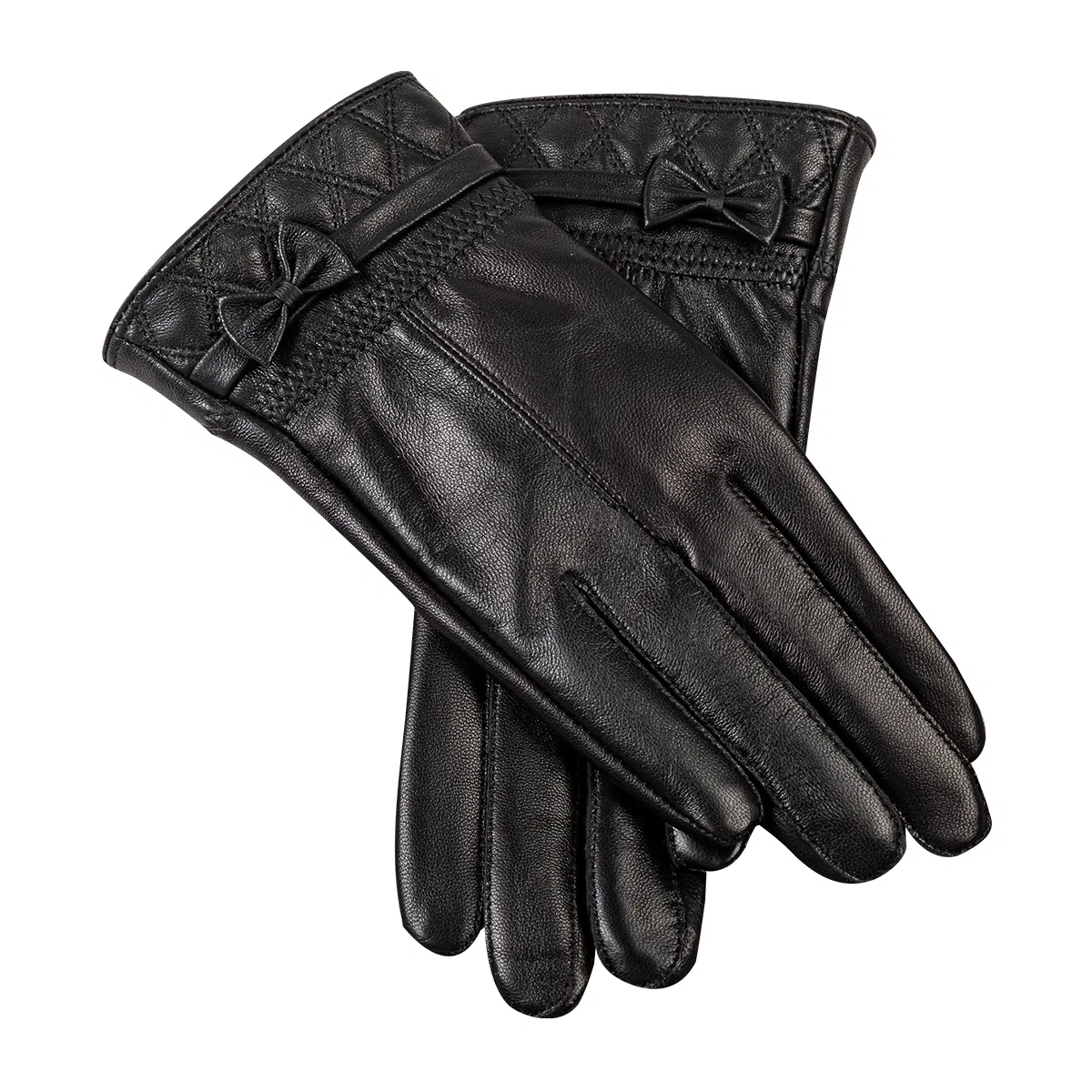 上海故事 真皮加绒加厚保暖外出骑行防风防寒防泼水可触屏 羊皮革 绒线手套 女款 黑色