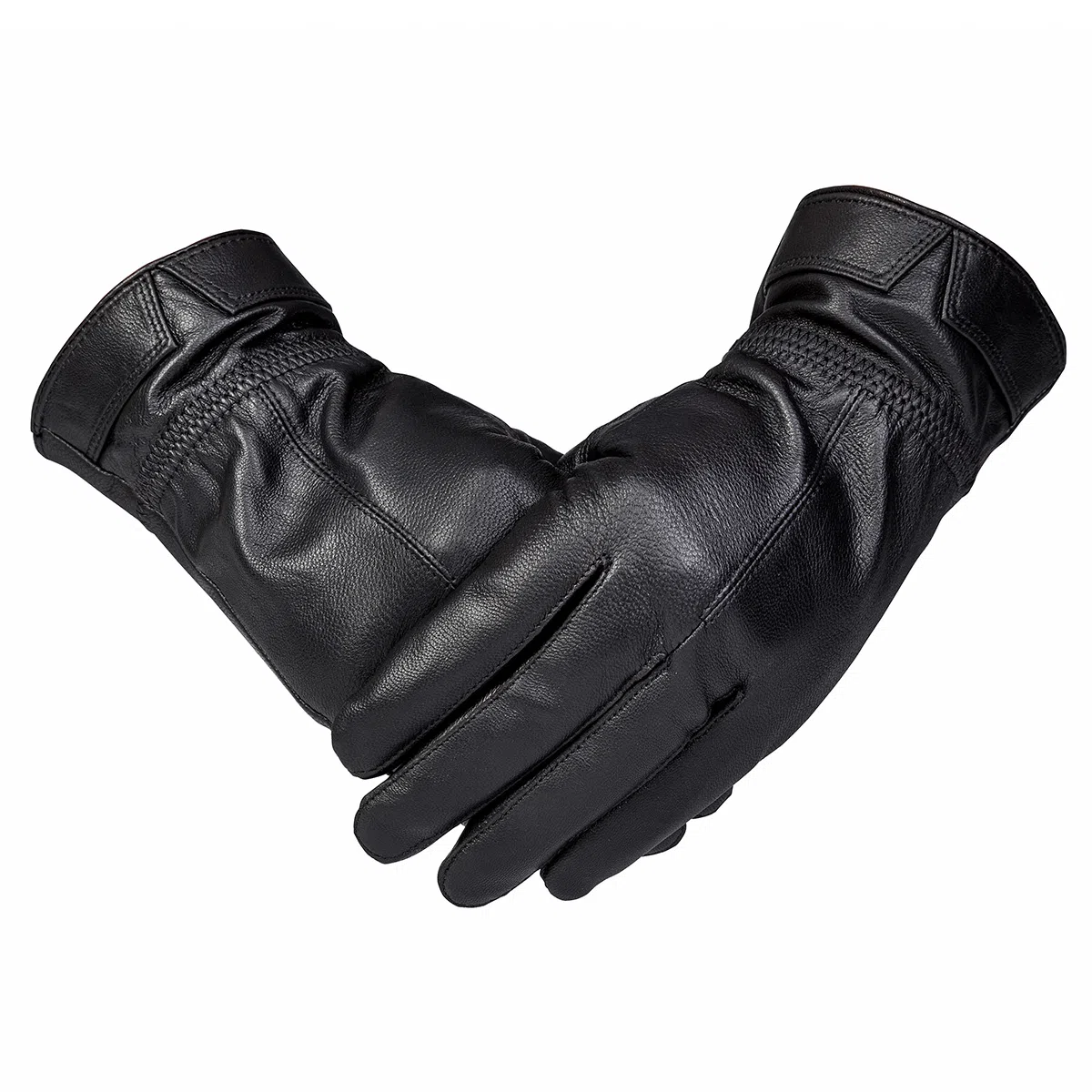 上海故事 时尚加绒加厚外出骑车防风防寒出行防水保暖 羊皮革 绒线手套 男款 黑色