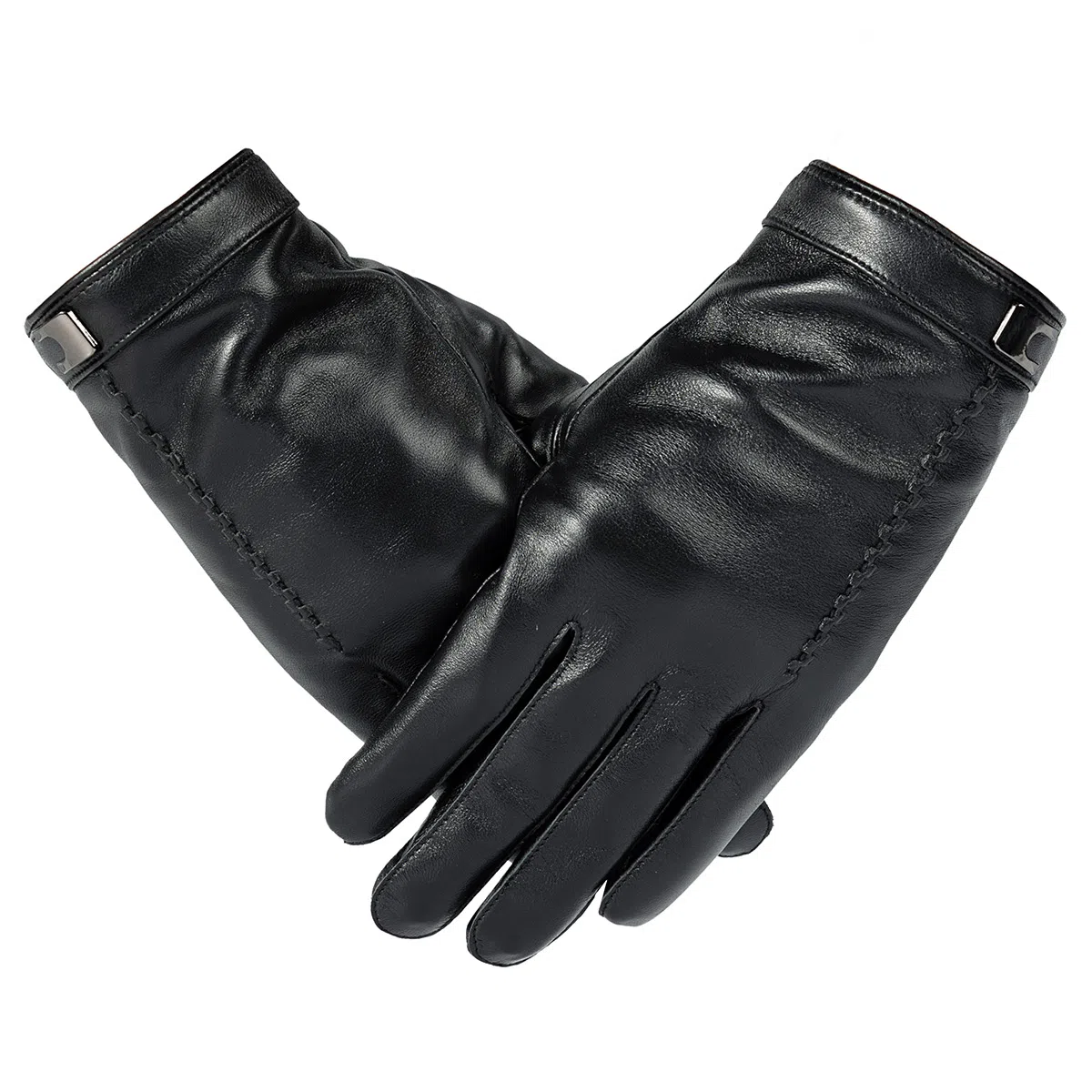 上海故事 时尚加绒加厚外出骑车防风防寒出行防水保暖 羊皮革 绒线手套 男款 黑色