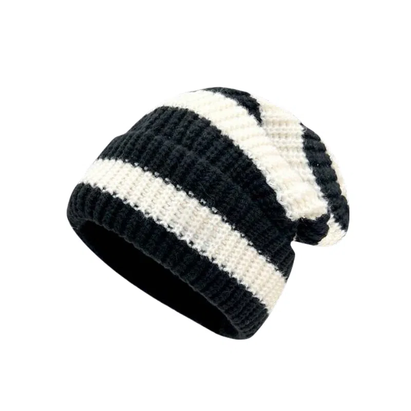 北极绒 条纹大头围毛线秋冬季显脸小保暖针织冷帽套头帽 聚酯纤维 绒线帽 男女同款情侣款