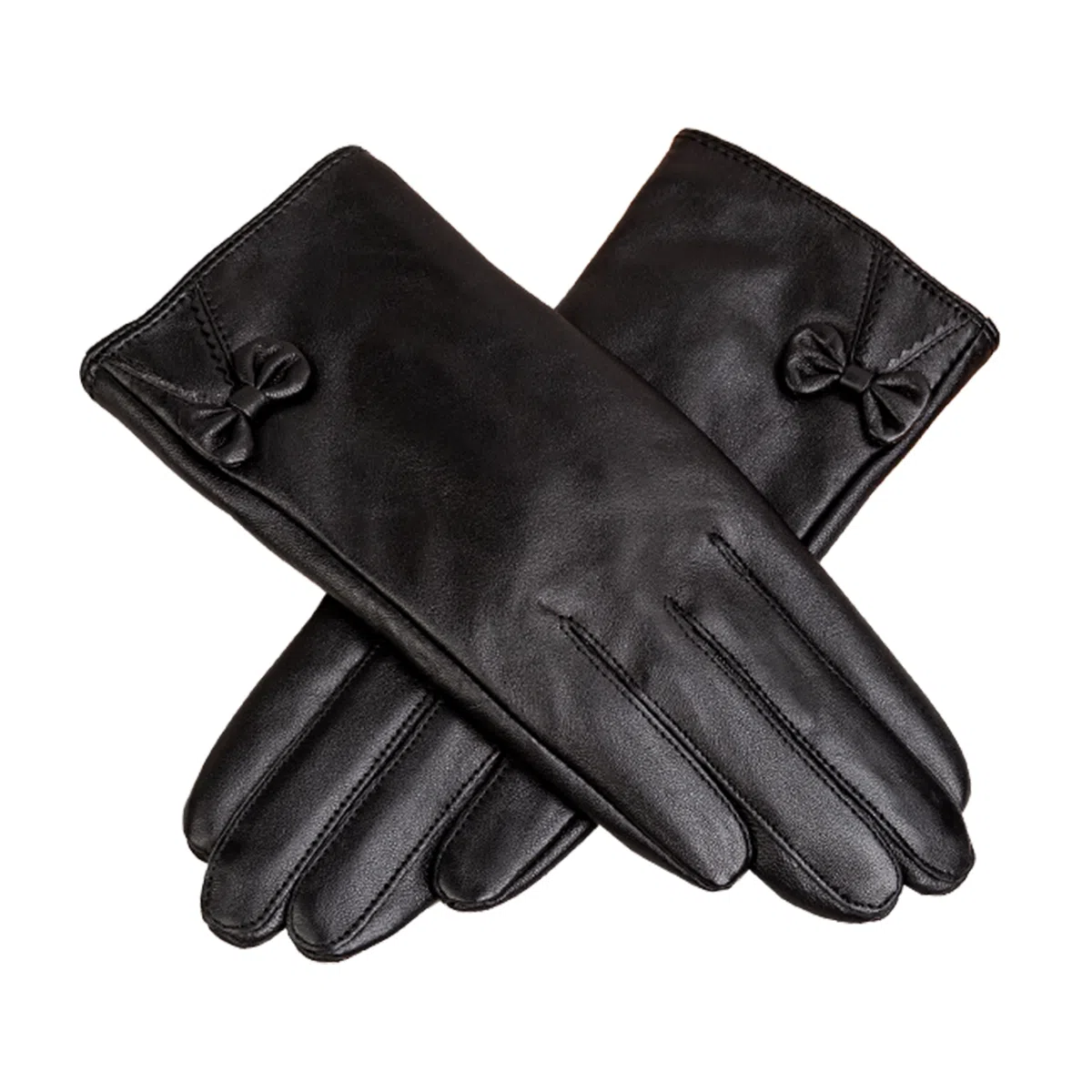 上海故事 真皮加绒加厚保暖外出骑行防风防寒防泼水可触屏 羊皮革 绒线手套 女款 黑色