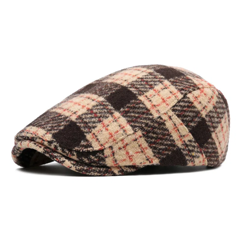 山一丸 复古格纹前保暖报童毛呢时尚 羊毛混纺 贝雷帽 男女同款情侣款