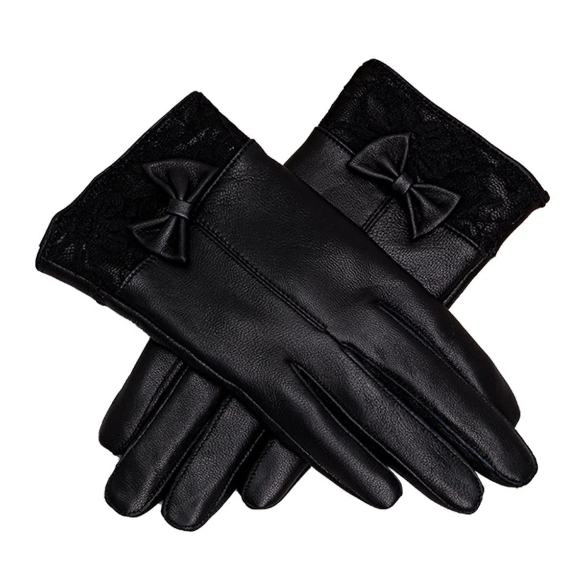 上海故事 真皮加绒加厚保暖外出骑行防风防寒防泼水可触屏 羊皮革 绒线手套 女款 黑色