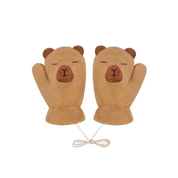 浪莎 豚们永存可爱卡皮巴拉毛绒冬季加绒保暖挂脖学生骑行防寒冻连指 涤纶 绒线手套 女款