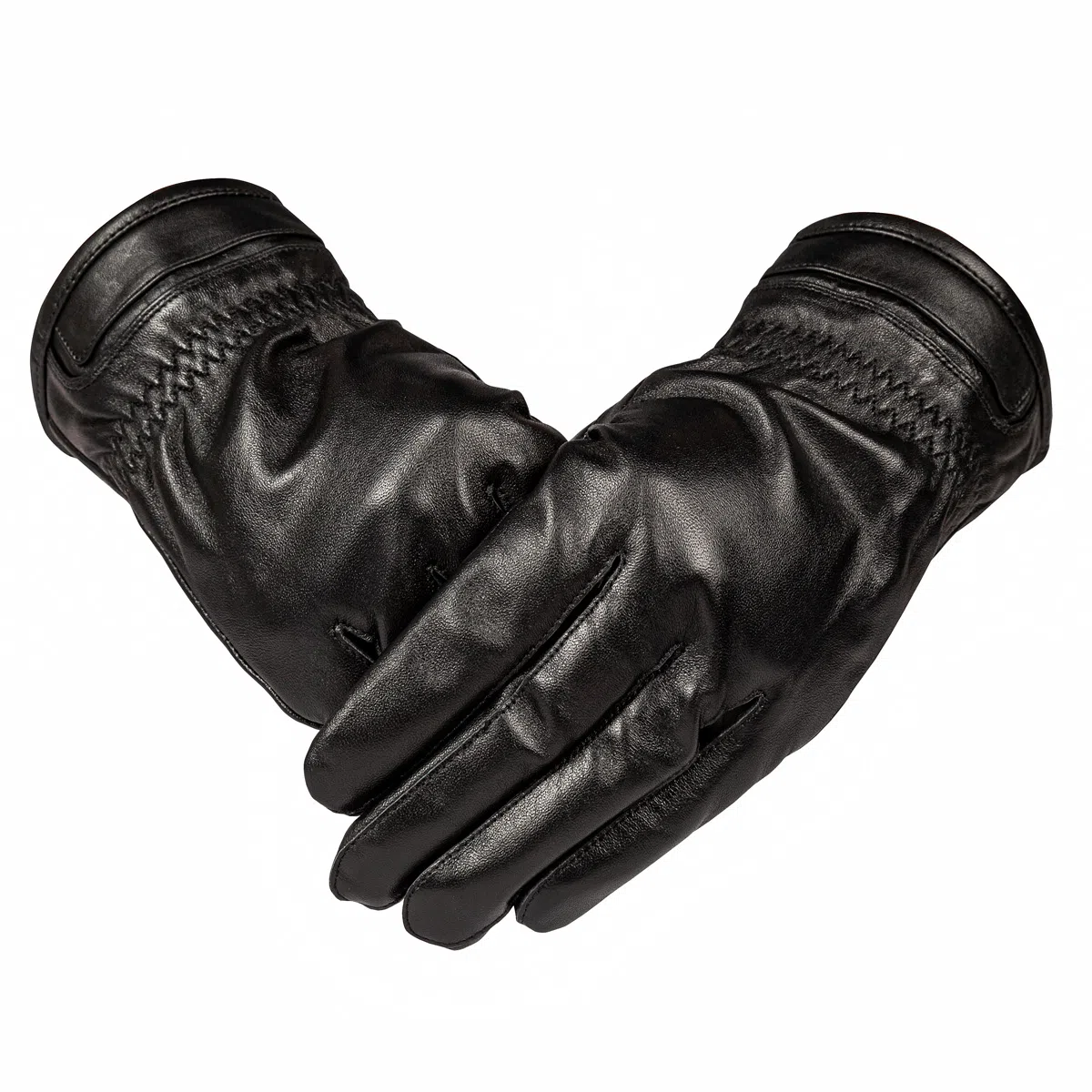 上海故事 时尚加绒加厚外出骑车防风防寒出行防水保暖 羊皮革 绒线手套 男款 黑色