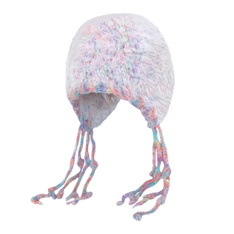 北极绒 韩版多巴胺撞色毛绒护耳帽秋冬防寒保暖百搭流苏雷锋帽手工编织 羊毛混纺 绒线帽 男女同款情侣款