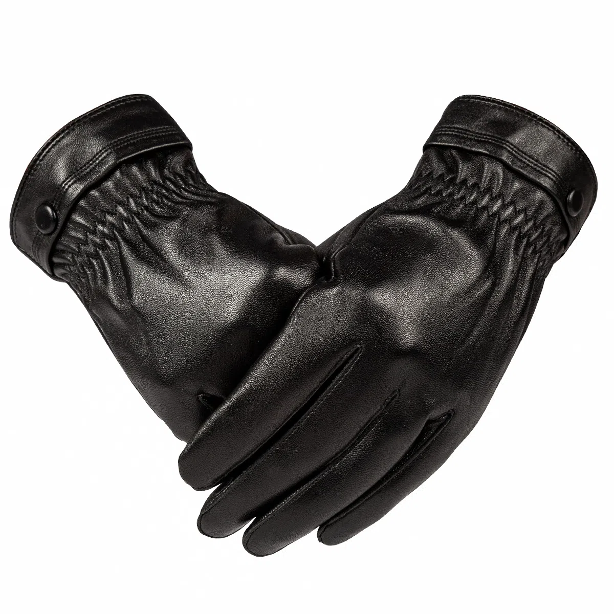 上海故事 时尚加绒加厚外出骑车防风防寒出行防水保暖 羊皮革 绒线手套 男款 黑色