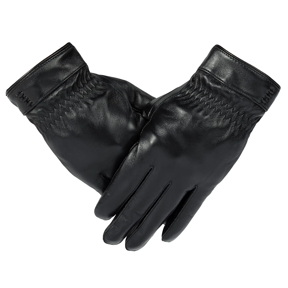 上海故事 时尚加绒加厚外出骑车防风防寒出行防水保暖 羊皮革 绒线手套 男款 黑色